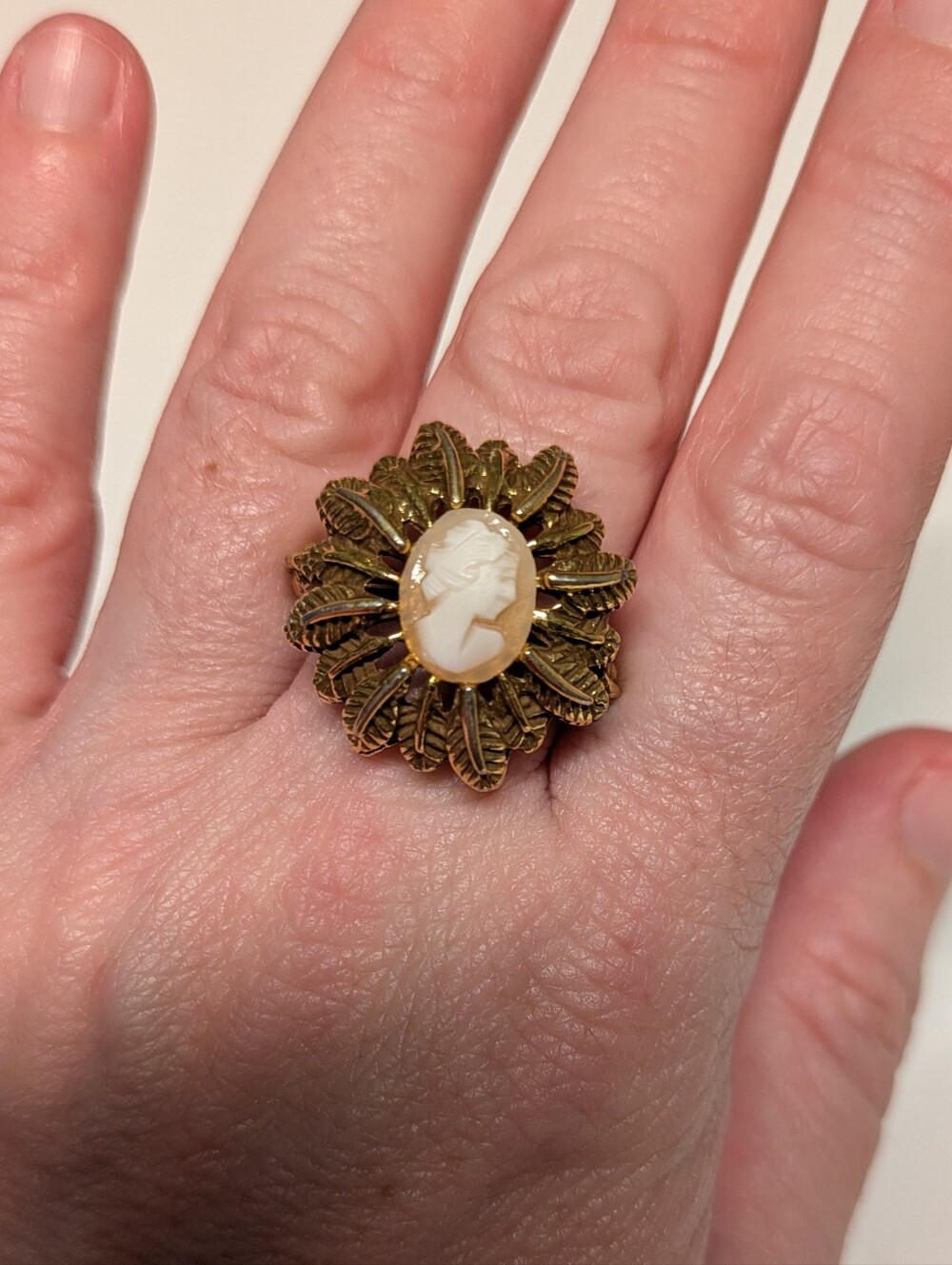 Gold Tone Cameo Flower Statement Ring - Vintage-Inspired